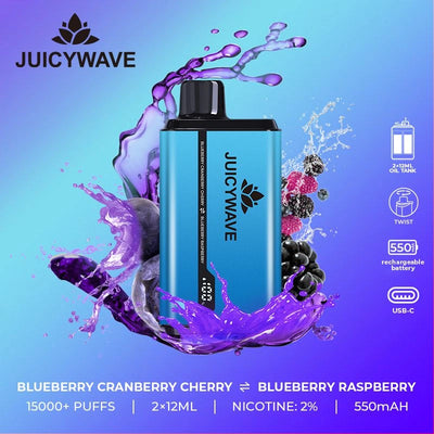 Juicy Wave 15000 Puffs - Blueberry Cranberry Cherry & Blueberry Raspberry - Disposable Vape Pod Device - 20mg - Box of 10