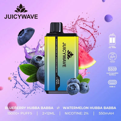 Juicy Wave 15000 Puffs - Blueberry Hubba Babba & Watermelon Hubba Babba - Disposable Vape Pod Device - 20mg - Box of 10