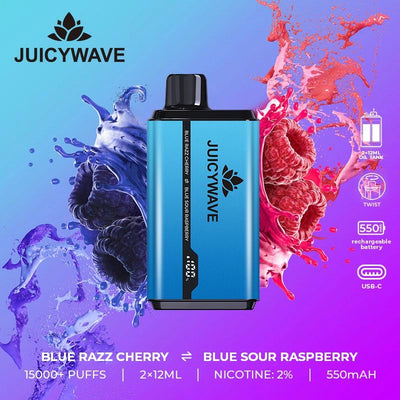 Juicy Wave 15000 Puffs - Blue Razz Cherry & Blue Sour Raspberry - Disposable Vape Pod Device - 20mg - Box of 10