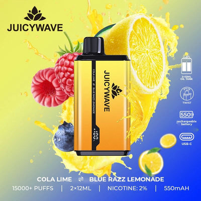 Juicy Wave 15000 Puffs - Cola Lime & Blue Razz Lemonade - Disposable Vape Pod Device - 20mg - Box of 10