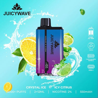 Juicy Wave 15000 Puffs - Crystal Ice & Icy Citrus - Disposable Vape Pod Device - 20mg - Box of 10