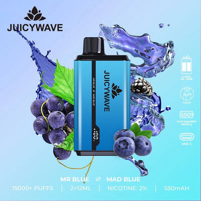 Juicy Wave 15000 Puffs - Mr. Blue & Mad Blue - Disposable Vape Pod Device - 20mg - Box of 10