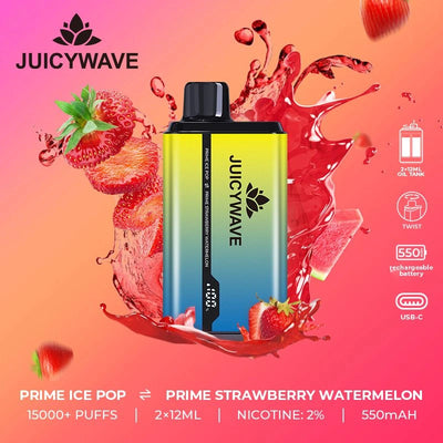 Juicy Wave 15000 Puffs - Prime Ice Pop - Prime Strawberry Watermelon - Disposable Vape Pod Device - 20mg - Box of 10