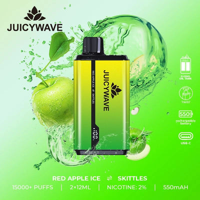 Juicy Wave 15000 Puffs - Red Apple Ice & Skittles - Disposable Vape Pod Device - 20mg - Box of 10