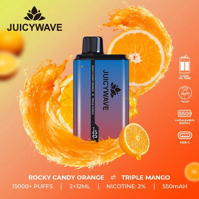 Juicy Wave 15000 Puffs - Rocky Candy Orange & Triple Mango - Disposable Vape Pod Device - 20mg - Box of 10