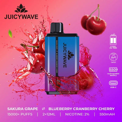 Juicy Wave 15000 Puffs - Sakura Grape & Blueberry Cranberry Cherry - Disposable Vape Pod Device - 20mg - Box of 10