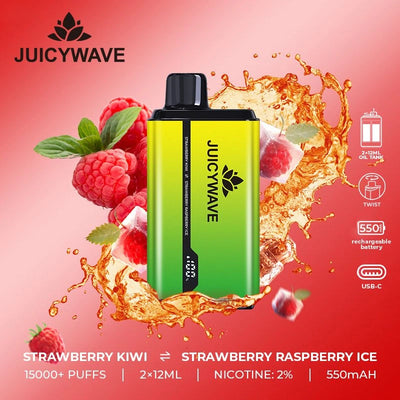 Juicy Wave 15000 Puffs - Strawberry Kiwi & Strawberry Raspberry Ice - Disposable Vape Pod Device - 20mg - Box of 10